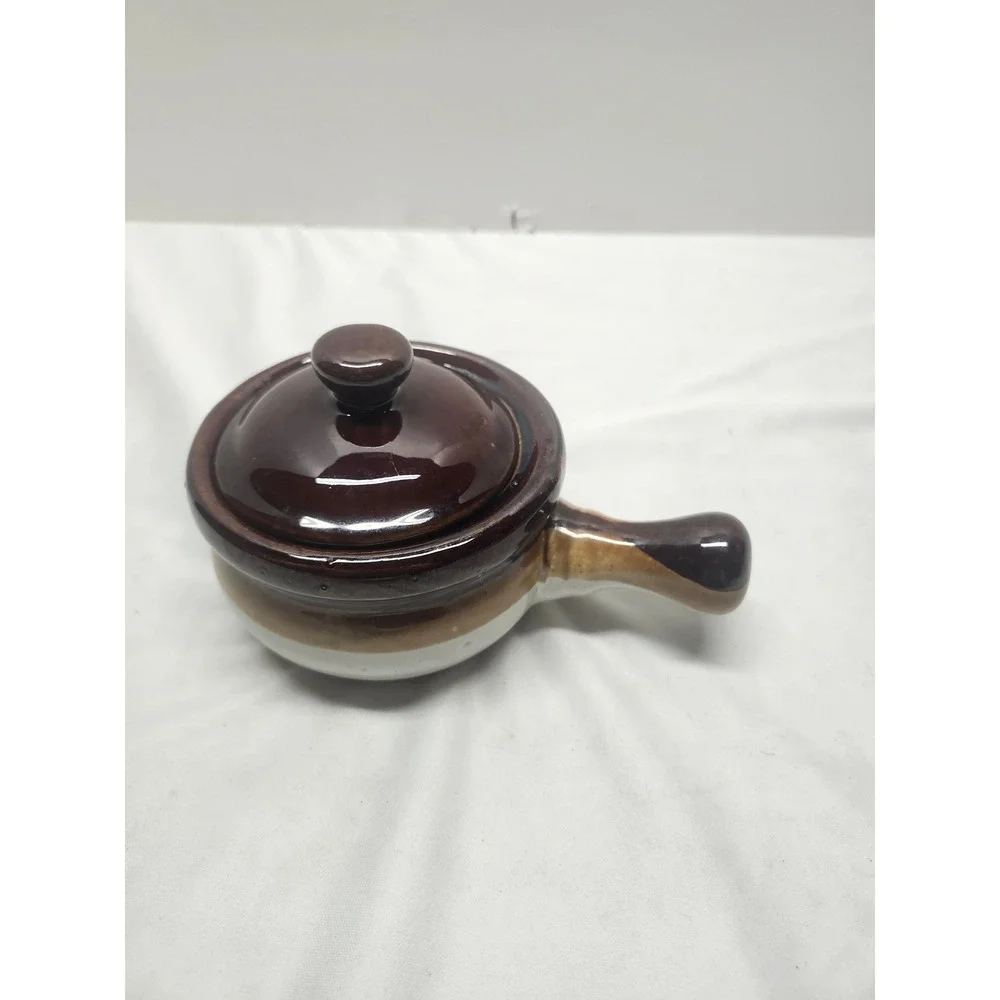 Vintage French Onion Soup Bowl with Lid Two Tone Brown Stoneware Ceramic Crock